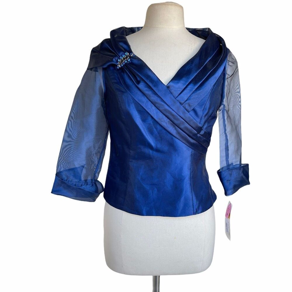 ALEX EVENINGS Evening Blouse Petite Size S Navy Blue Organza Jewel Brooch